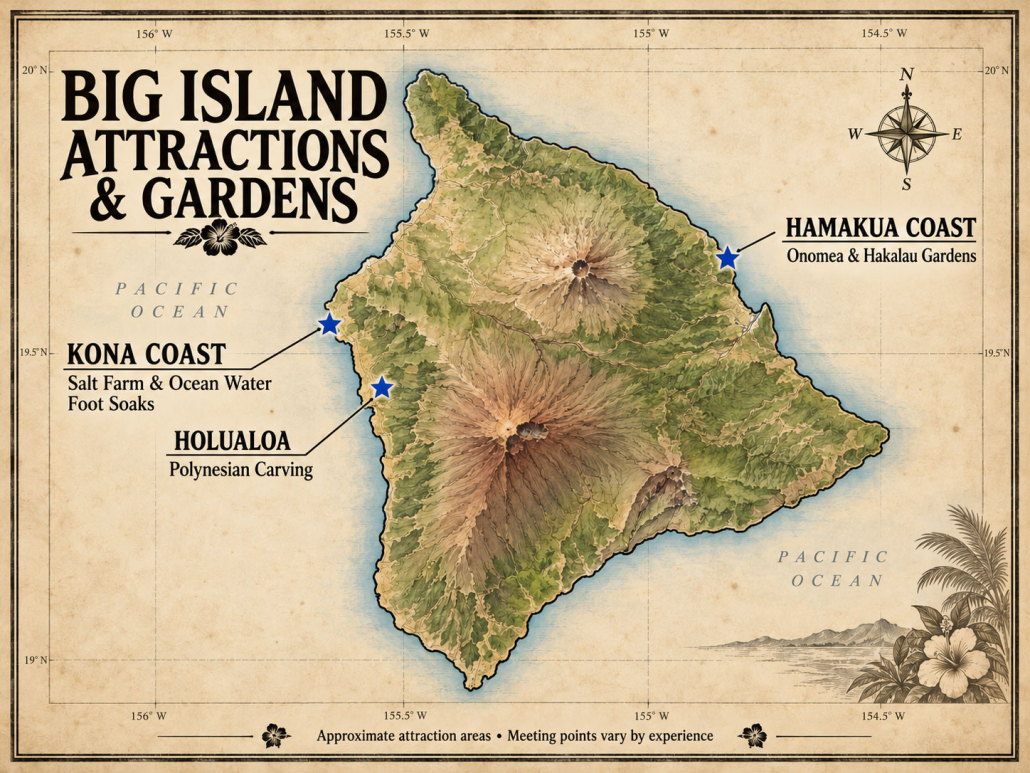 Big Island map highlighting Kona Coast salt farm experiences, Polynesian carving near Holualoa, and gardens in the Onomea and Hakalau areas.