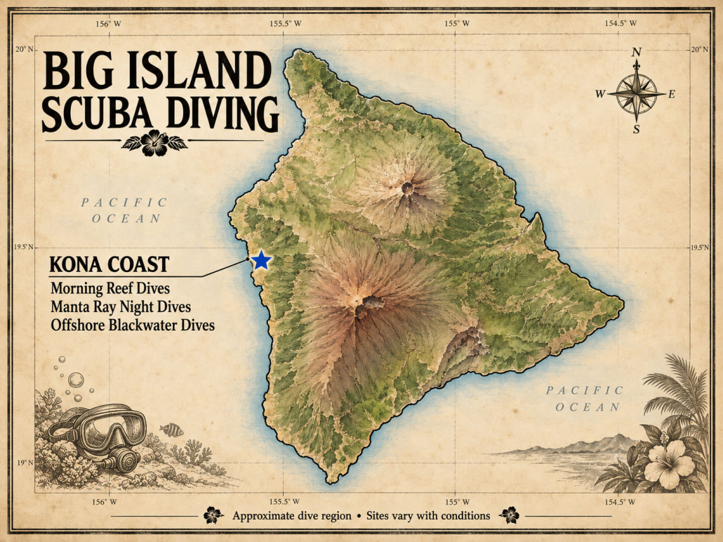 Big Island map highlighting the Kona Coast region for morning reef dives, manta ray night dives, and offshore blackwater diving.