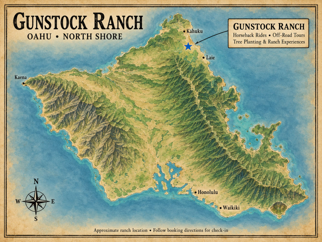 Oahu map marking the approximate location of Gunstock Ranch near Kahuku, north of Laie, with Honolulu and Waikiki shown for orientation.