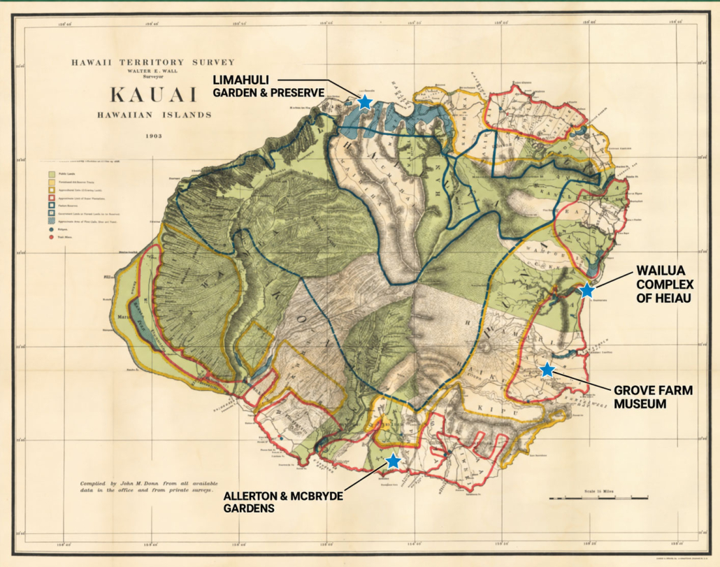 kauai attractions and gardens as well as historical sites on a map