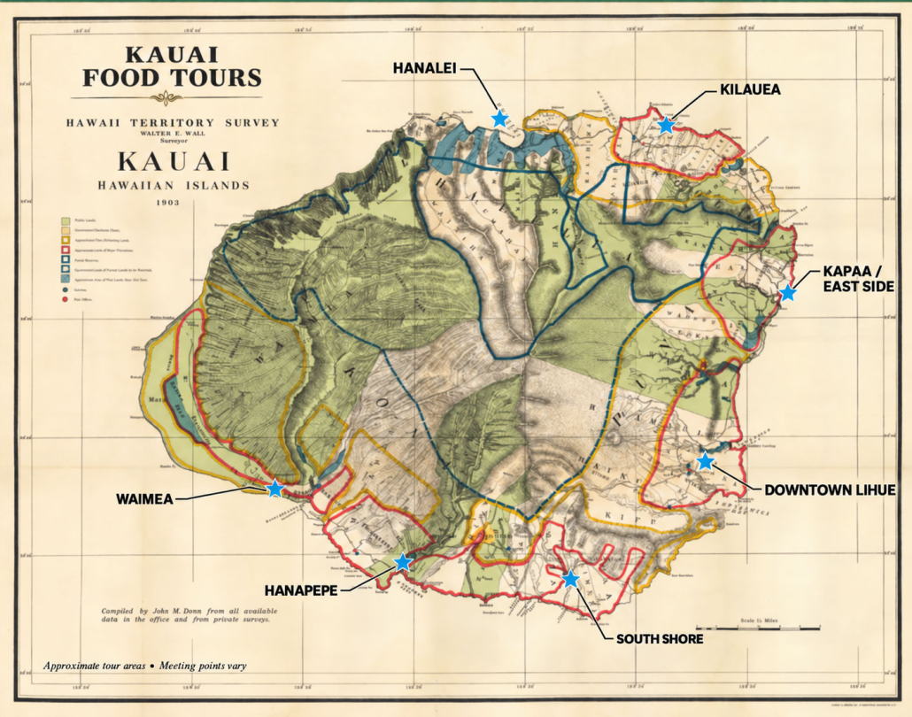 Vintage Kauai map highlighting food tour areas in Hanalei, Kilauea, Kapaa, downtown Lihue, the South Shore, Hanapepe, and Waimea.