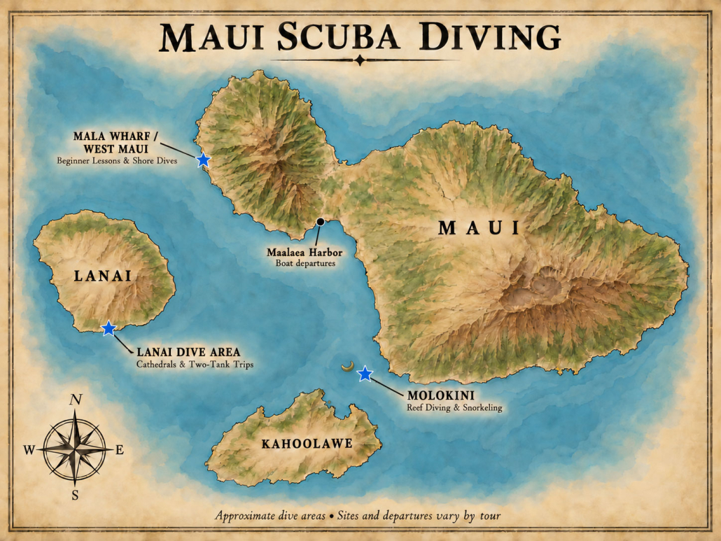 Maui-area map highlighting Molokini, Mala Wharf on West Maui, the Lanai dive area, and Maalaea Harbor boat departures.